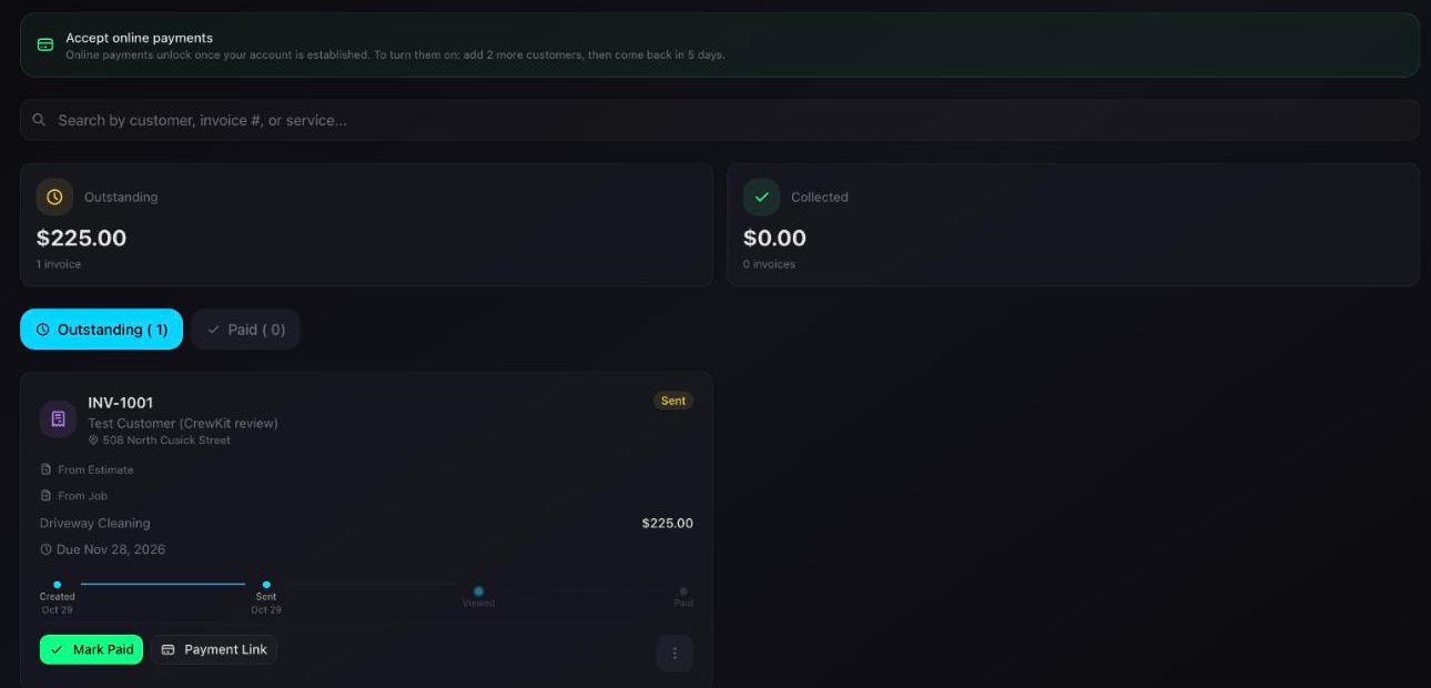 CrewNest invoices screen with the notice that online payments unlock once the account is established
