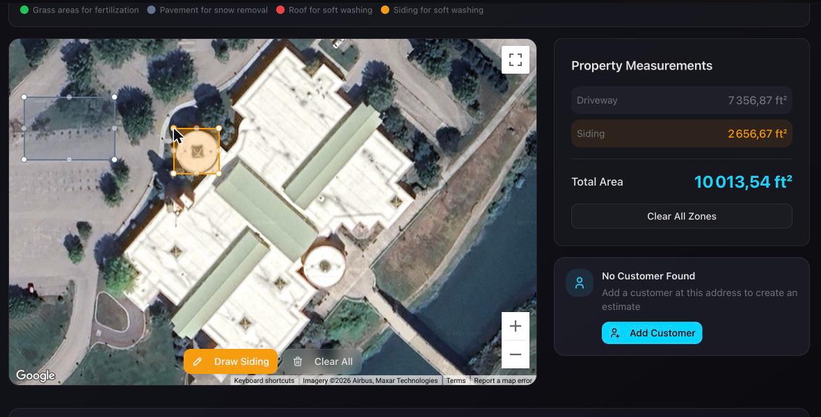 CrewNest Satellite Scout in Multi-Zone mode, with a driveway zone and a siding zone measured on the same property